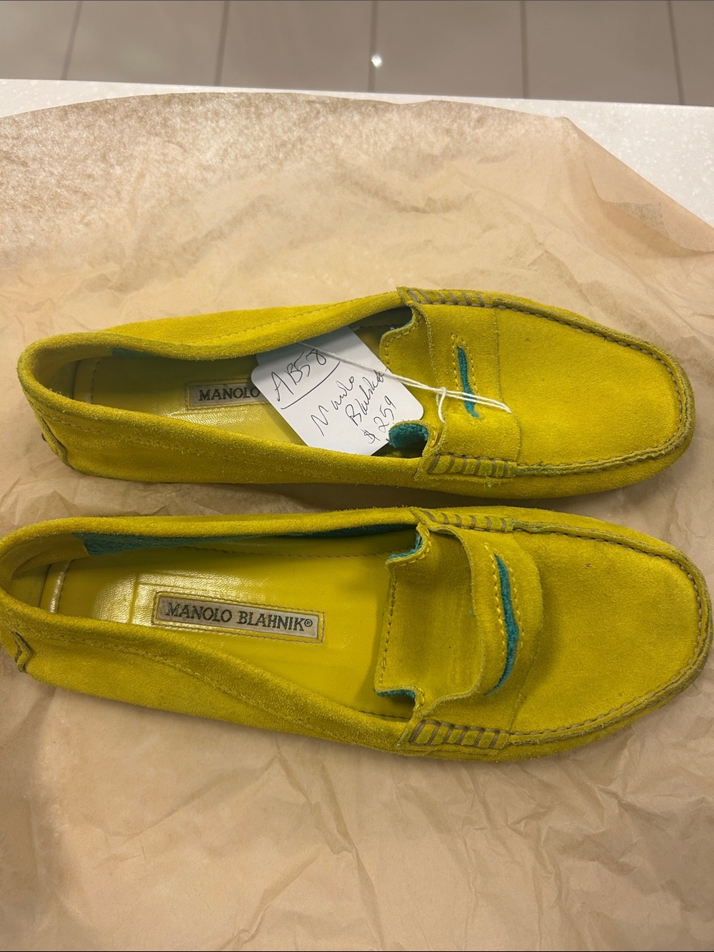 Manolo Blahnik Bright Yellow Suede Penny Loafers for Men